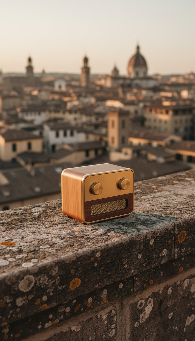 A vintage-inspired audio device, resembling a compact brass and walnut speaker with minimalist dials and a polished, understated silhouette, rests atop an antique stone banister overlooking a panoramic old cityscape. The softly muted color palette emphasizes warm browns and gentle grays, set against the blurred contours of tiled rooftops and church spires. Soft golden hour light bathes the scene, catching gentle highlights on the audio device's metallic features while softly illuminating the textured banister. The mood is quietly immersive and contemplative. Photographed at a three-quarter angle with a shallow depth of field, the composition centers on the device, exuding a premium, modern-meets-historic photographic aesthetic.