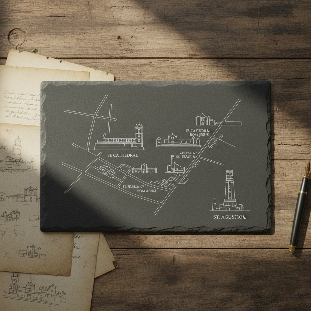 A minimalist map illustration etched into a smooth, brushed slate tablet, featuring delicately traced historical landmarks of Old Goa. The tablet is situated on a weathered wooden table, with vintage paper notes and a subtle ink pen nearby, all partially visible at the frame edges. Soft, diffused afternoon light from a nearby window highlights the fine engraving and produces gentle, minimalist shadows. The mood is refined and intellectual, inviting exploration. Captured from a top-down, bird's-eye view with centralized composition, the image presents a highly detailed and elegant photographic realism, underscoring the site’s curated, sophisticated approach to storytelling.