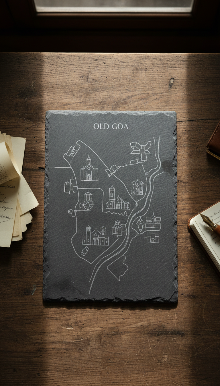 A minimalist map illustration etched into a smooth, brushed slate tablet, featuring delicately traced historical landmarks of Old Goa. The tablet is situated on a weathered wooden table, with vintage paper notes and a subtle ink pen nearby, all partially visible at the frame edges. Soft, diffused afternoon light from a nearby window highlights the fine engraving and produces gentle, minimalist shadows. The mood is refined and intellectual, inviting exploration. Captured from a top-down, bird's-eye view with centralized composition, the image presents a highly detailed and elegant photographic realism, underscoring the site’s curated, sophisticated approach to storytelling.