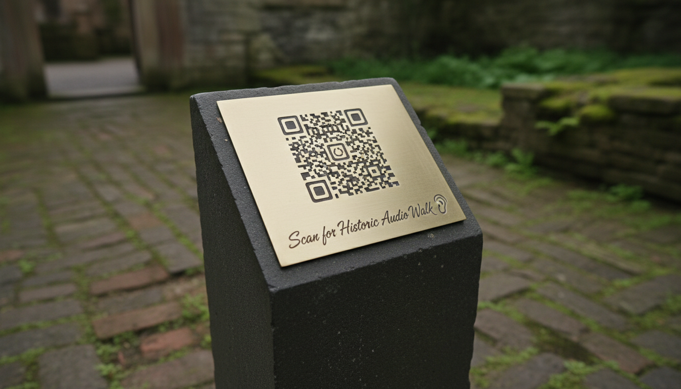 An elegant brass QR code plaque with a refined, matte finish and etched details, mounted on a smooth basalt stone pedestal. The setting is a quiet, shaded path lined with mossy stones and a hint of ancient brickwork, evoking a sense of historic ambiance. Gentle overcast daylight softly illuminates the brass, highlighting subtle, muted golden tones while creating delicate, understated shadows around the plaque. The mood is sophisticated and contemplative, inviting curiosity. Captured from a slightly elevated angle, the composition is minimalist with a shallow depth of field, focusing crisply on the plaque against a gracefully blurred historic pathway. The visual style is photographic realism with restrained color and clean, elegant lines, supporting the site's premium audio walk offering.